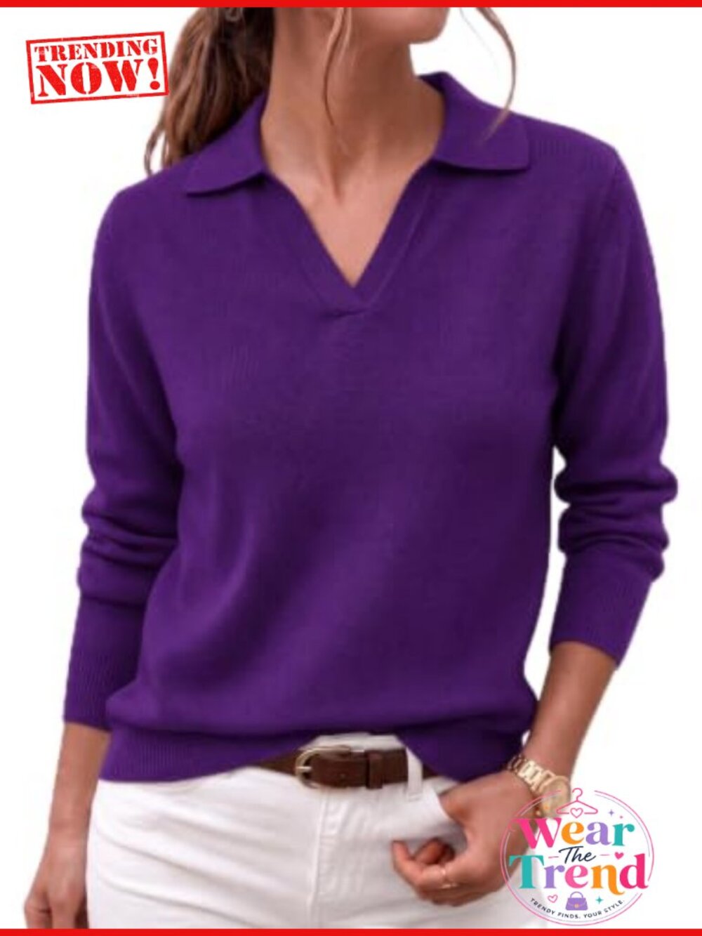 Womens Long Sleeve Polo V Neck Knit Sweater Business Casual Pullover Top